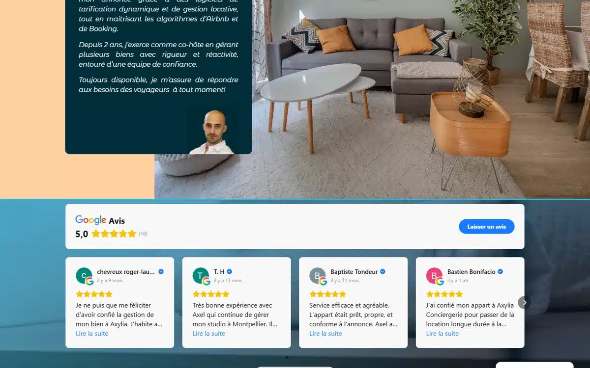 Création site internet pour PME en Suisse | Conception stratégique et sur mesure 4 Avis Google 5 étoiles sur le site Axylia Conciergerie — réalisation GEVdigital