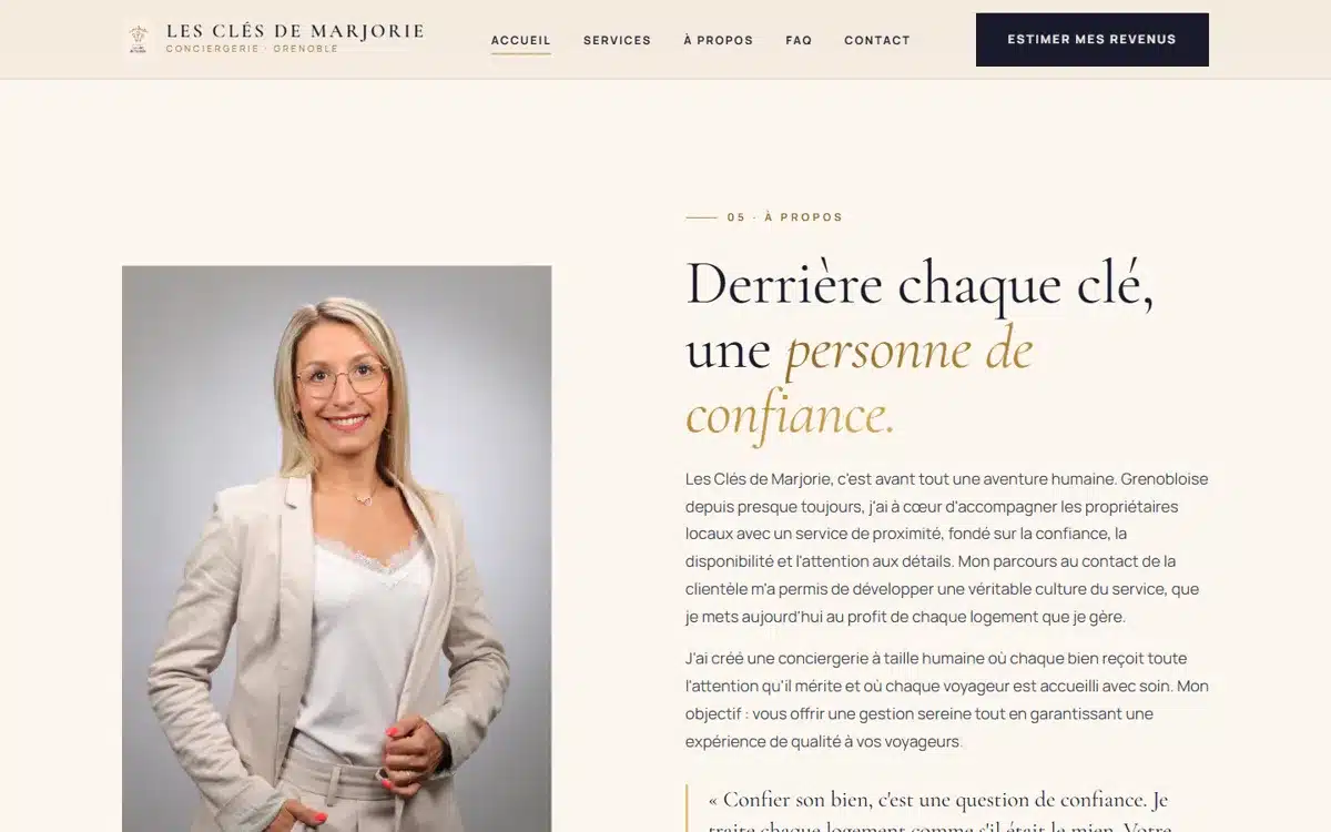 Création site internet pour PME en Suisse | Conception stratégique et sur mesure 9 Page à propos du site Les Clés de Marjorie — réalisation GEVdigital