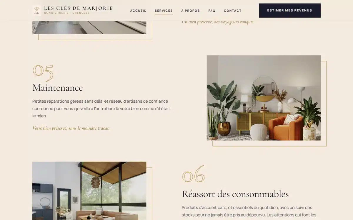 Création site internet pour PME en Suisse | Conception stratégique et sur mesure 14 Page services du site Les Clés de Marjorie — réalisation GEVdigital