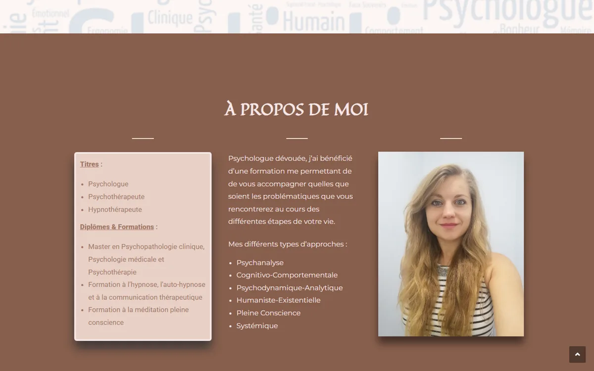 Page à propos du site de Maureen Balliet, psychologue — réalisation GEVdigital