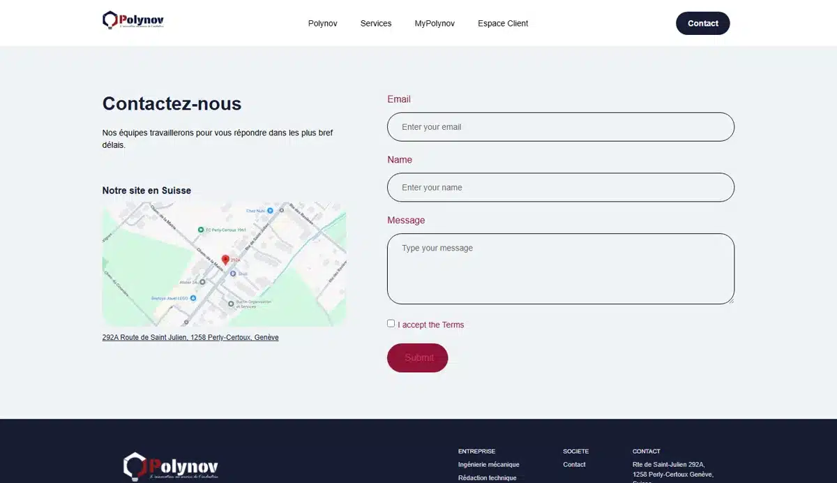Création site internet pour PME en Suisse | Conception stratégique et sur mesure 3 Page contact du site Polynov avec carte — réalisation GEVdigital